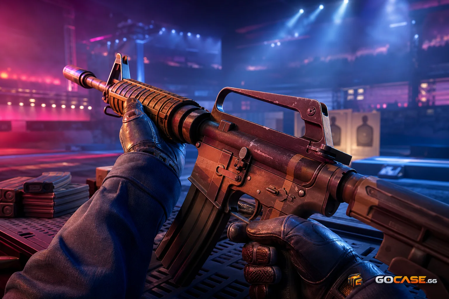 Gloved hands holding a rifle at a tournament practice setup