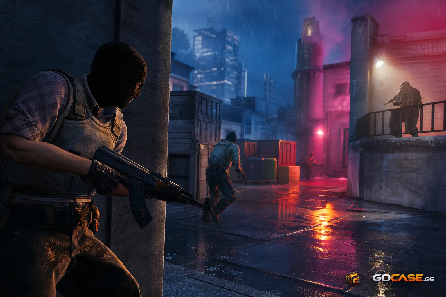 Anonymous players fighting near cover on a rainy bombsite
