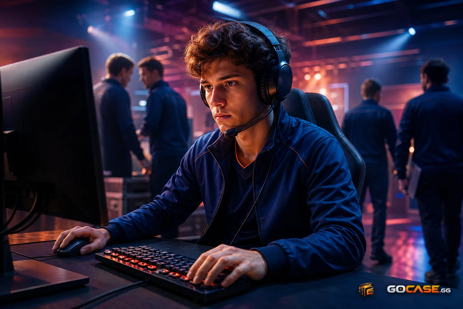 A substitute player preparing at a backstage PC station