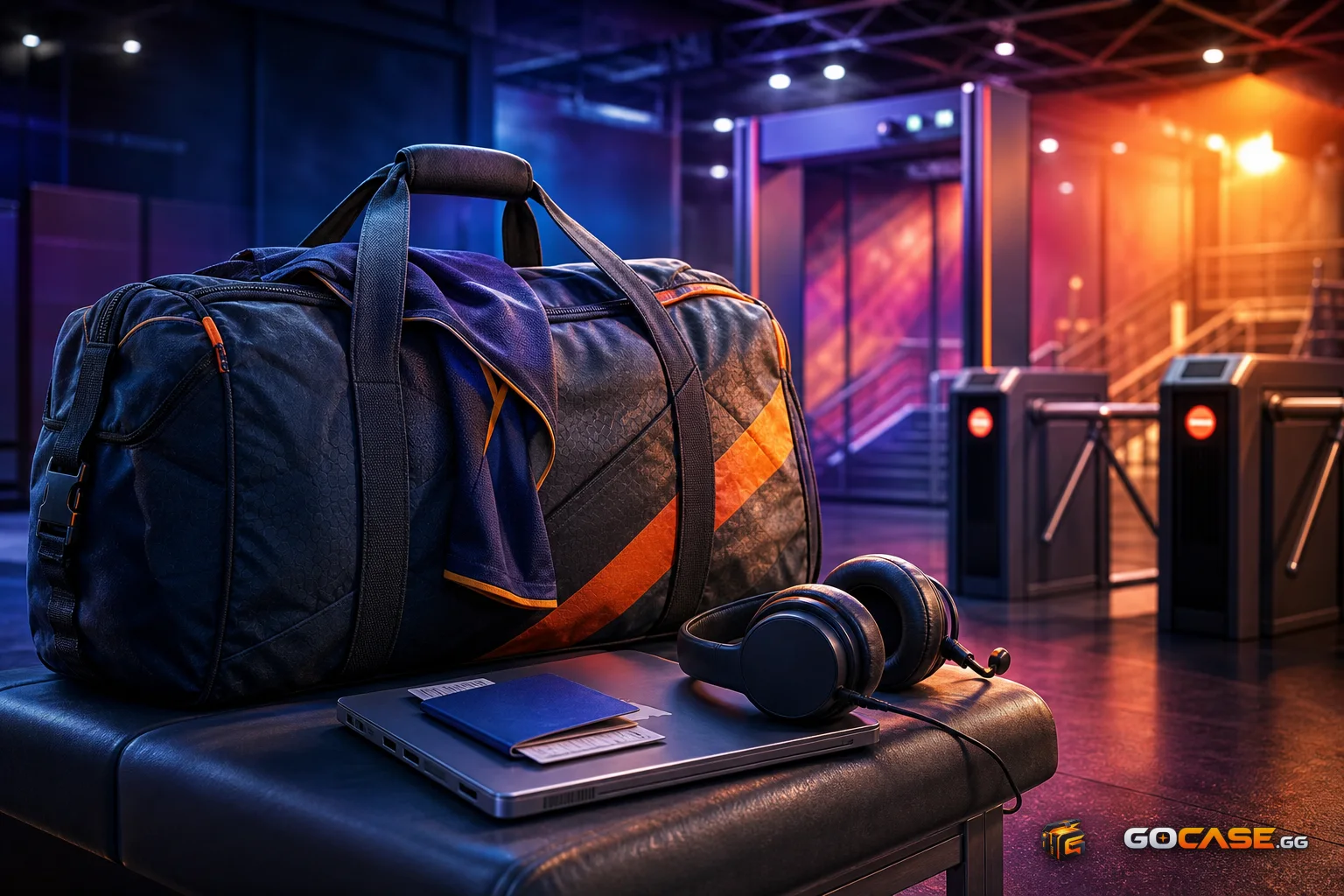Travel gear and passport beside a headset near arena gates