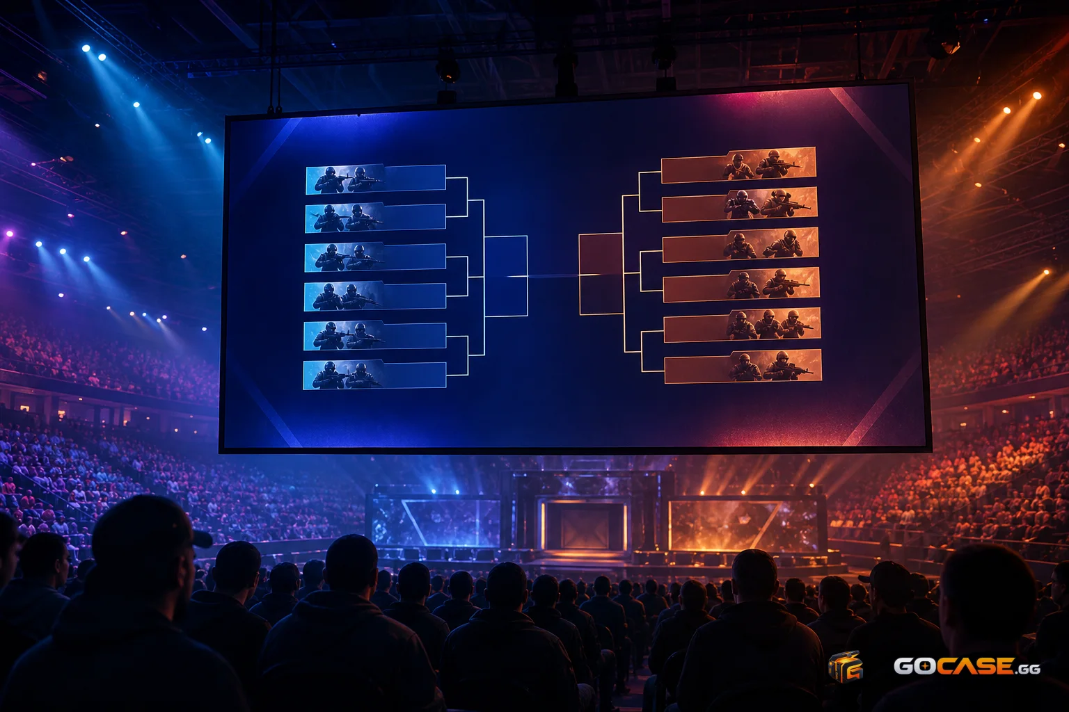Arena bracket board with fans watching