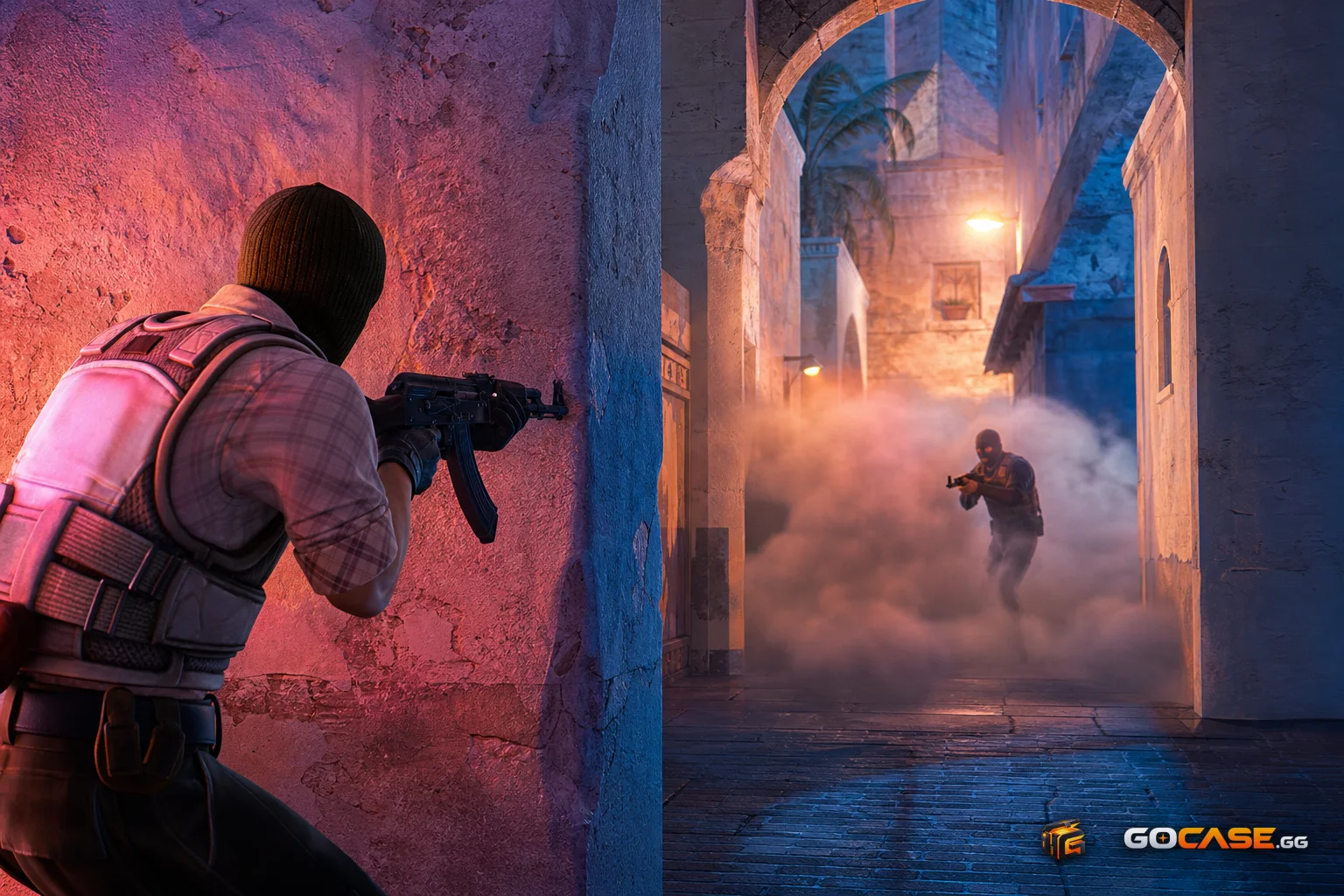 Players holding angles in a smoky CS2 corridor