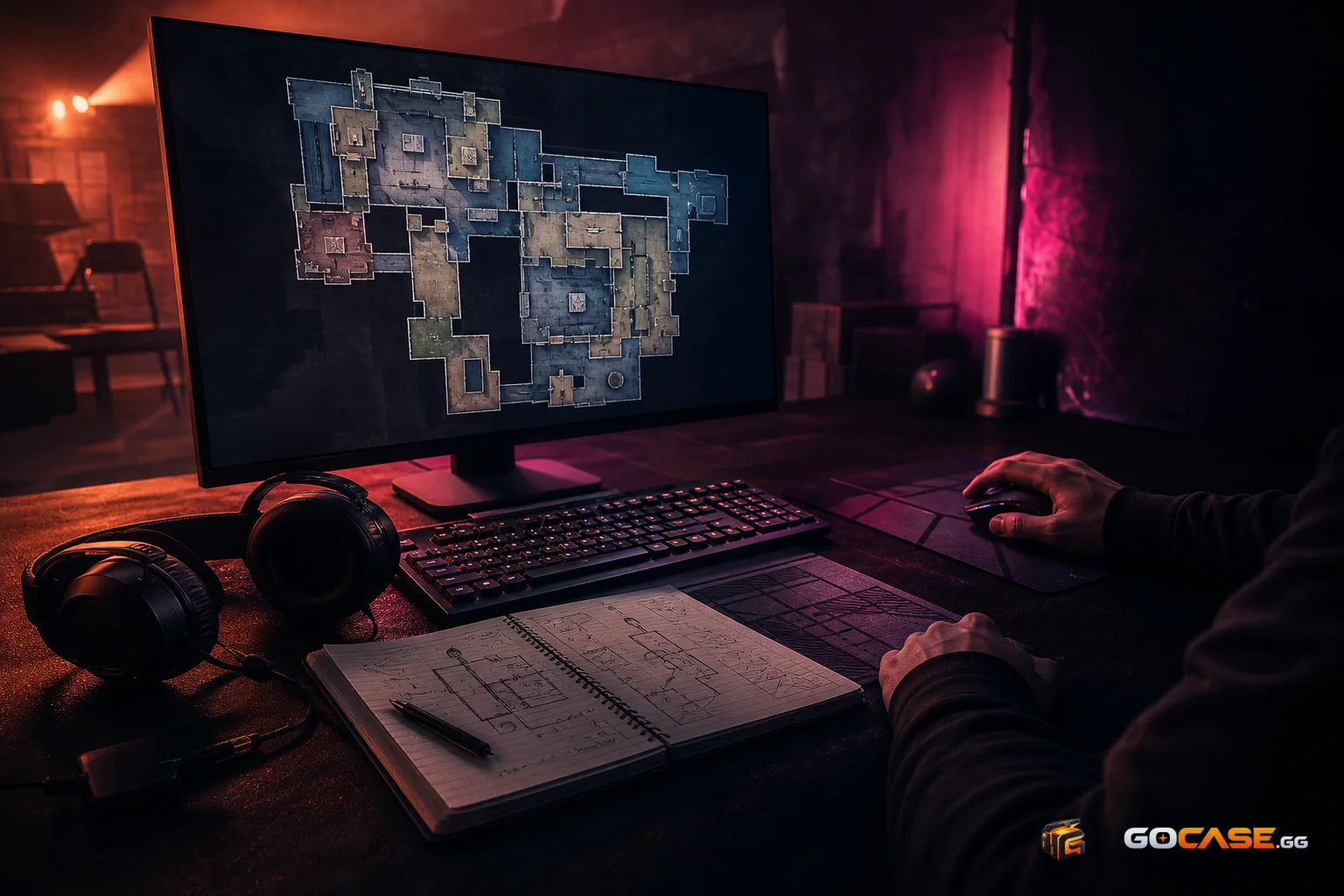 Practice desk with monitor, headset, and map notes