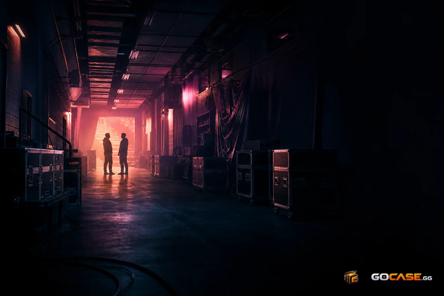 Backstage corridor with equipment cases and two silhouettes