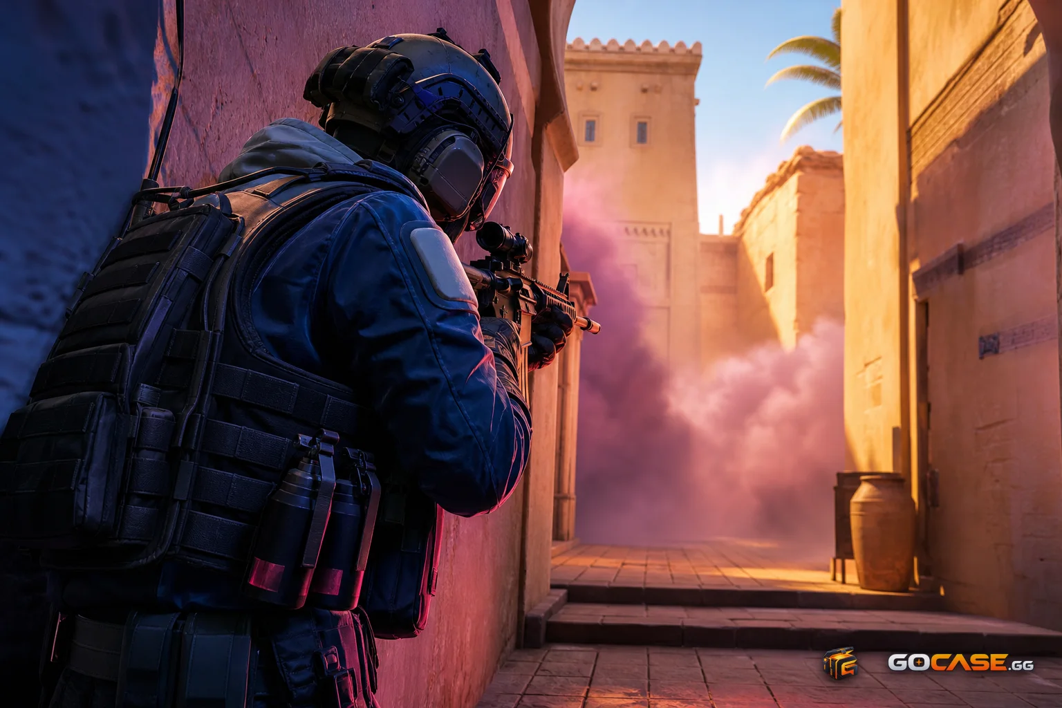 CT player holding a tight angle with smoke drifting behind