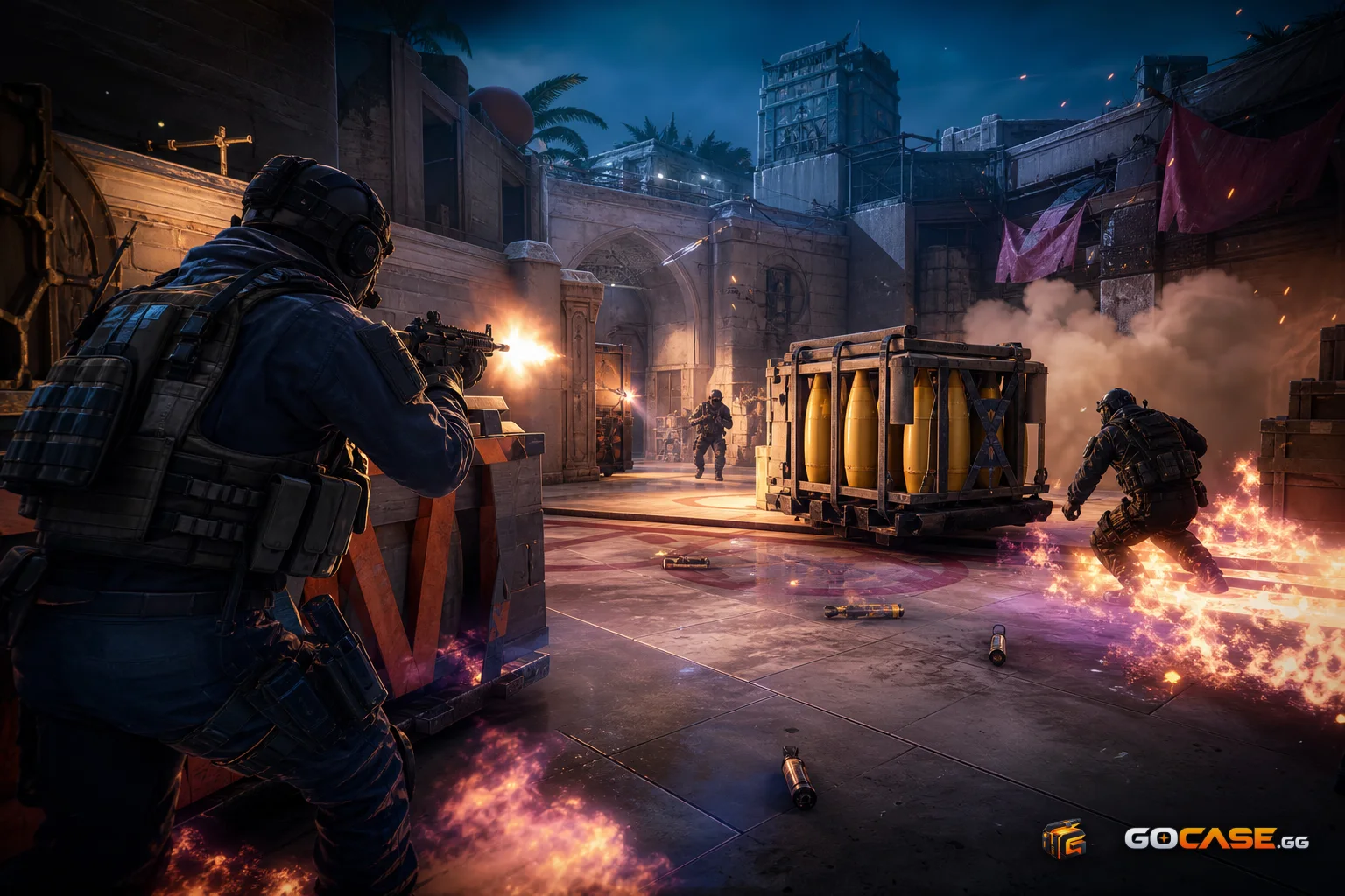 Two teams battling on a bombsite with utility scattered around