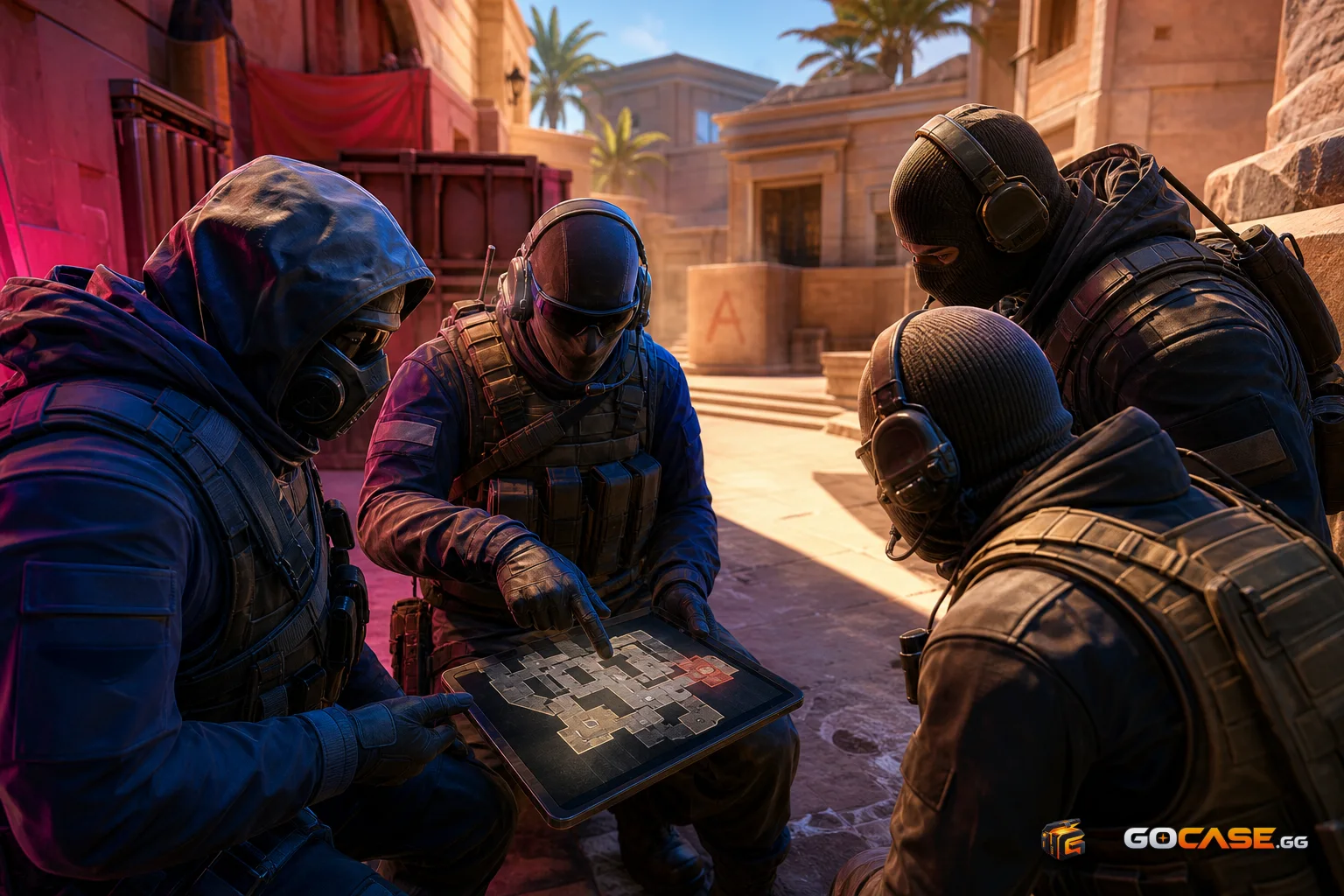 Anonymous players reviewing a tactical plan on a CS2 map