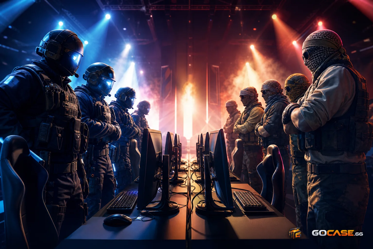 Two CS2 teams at tournament setups before a match