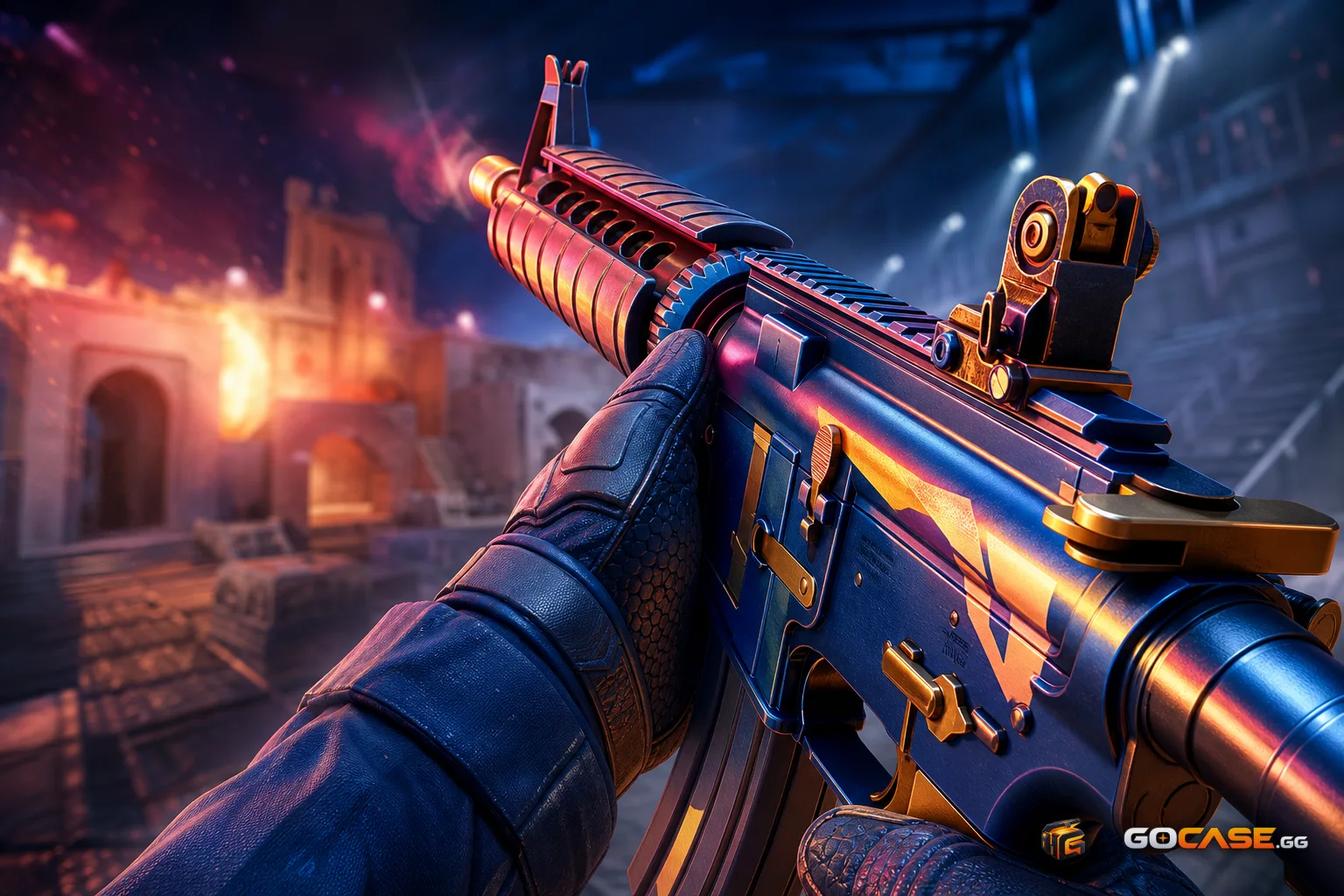 Close-up of a rifle with a shiny finish in arena lighting