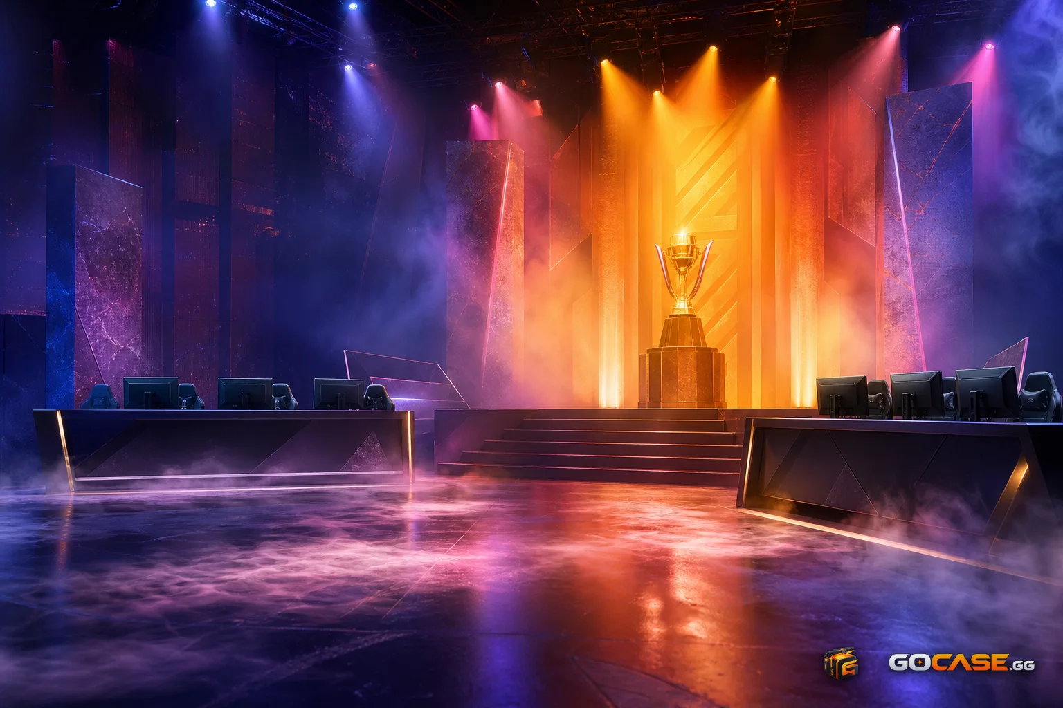 Empty CS2 stage with monitors and trophy lighting
